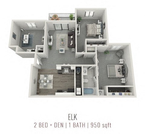 Floor plan for 2 beds, 1 bath, 950 sqft